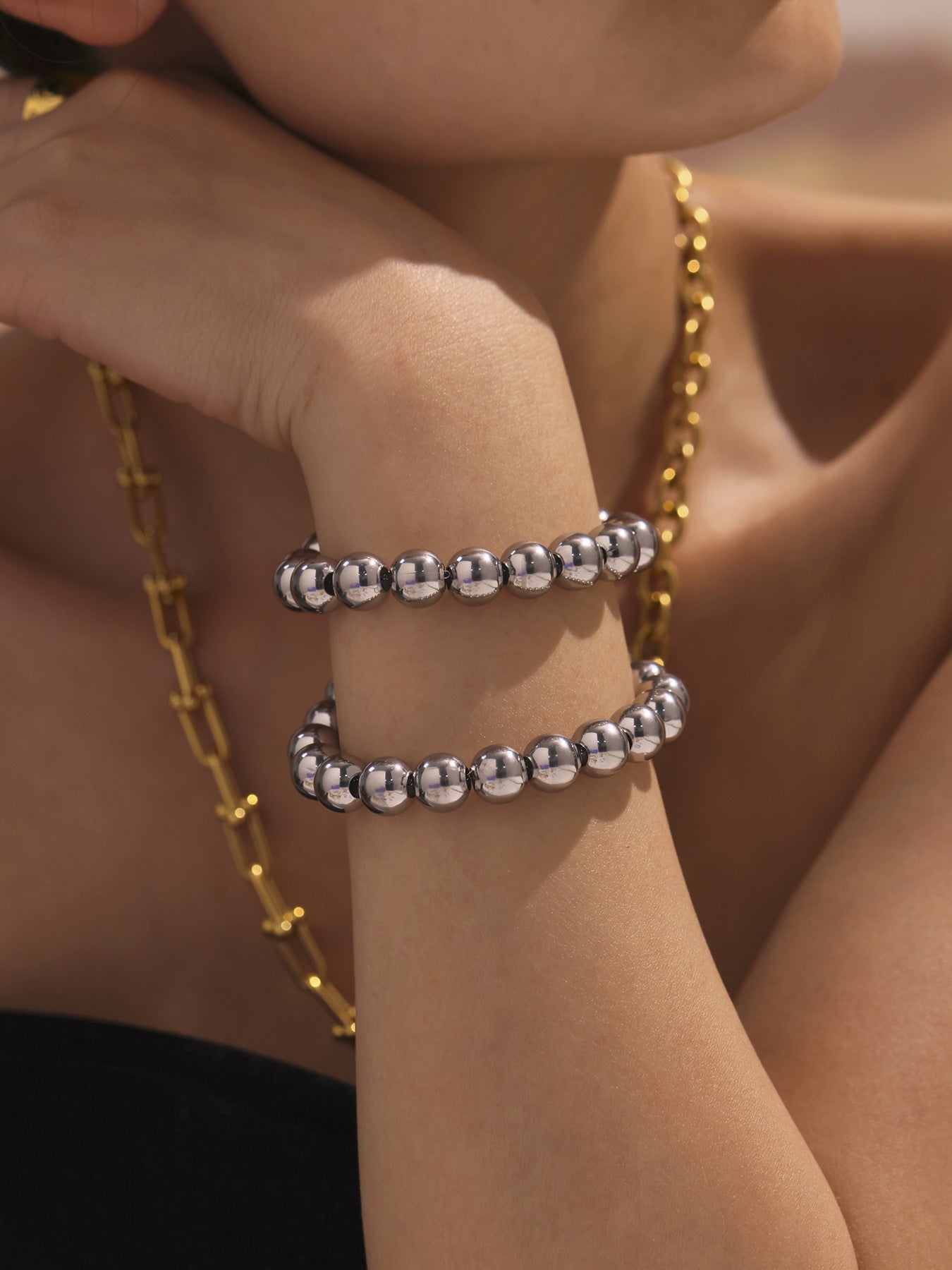 18k Gold PVD Plated Beads Bracelets Women Stainless Steel Jewelry Bracelet