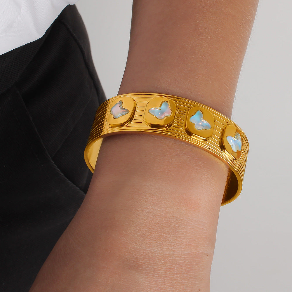 Stainless Steel 18K Gold Plated Cute Little butterfly Open Wide Cuff Bangles Women's Fashion Jewelry Gift Wholesale