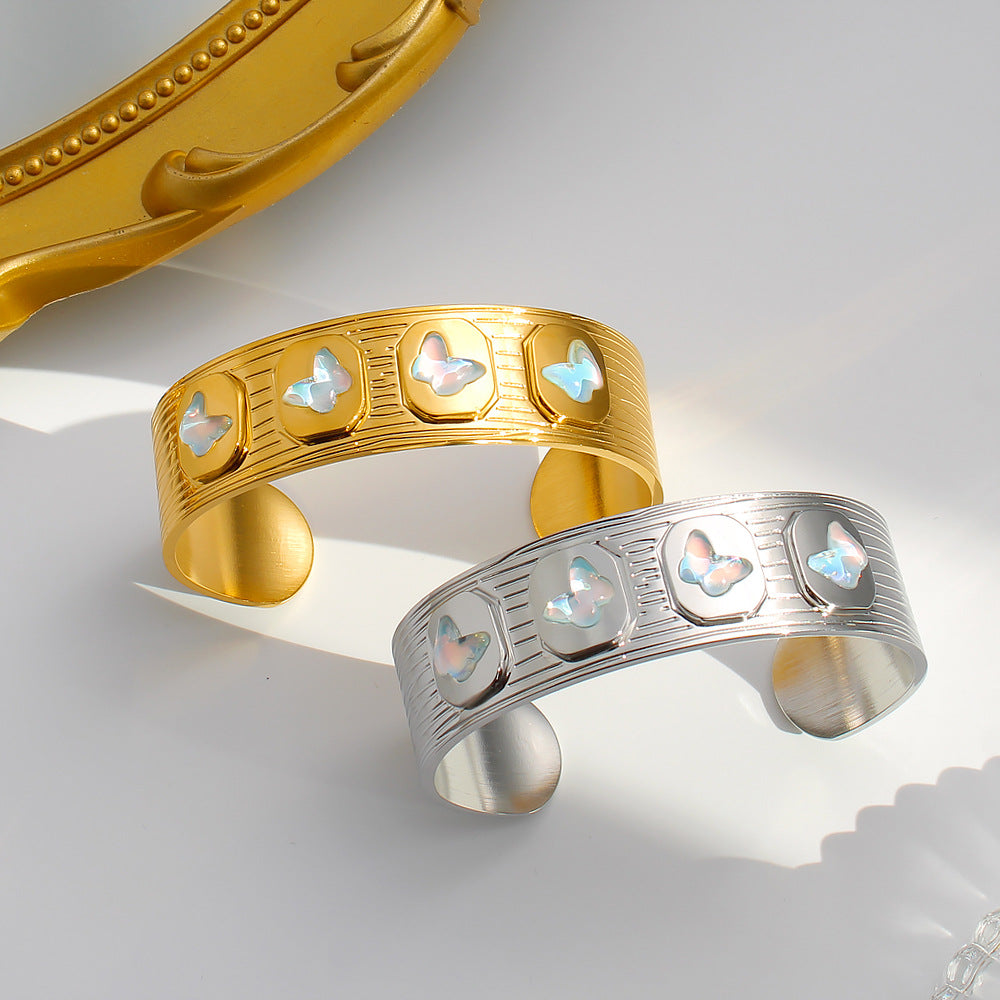 Stainless Steel 18K Gold Plated Cute Little butterfly Open Wide Cuff Bangles Women's Fashion Jewelry Gift Wholesale