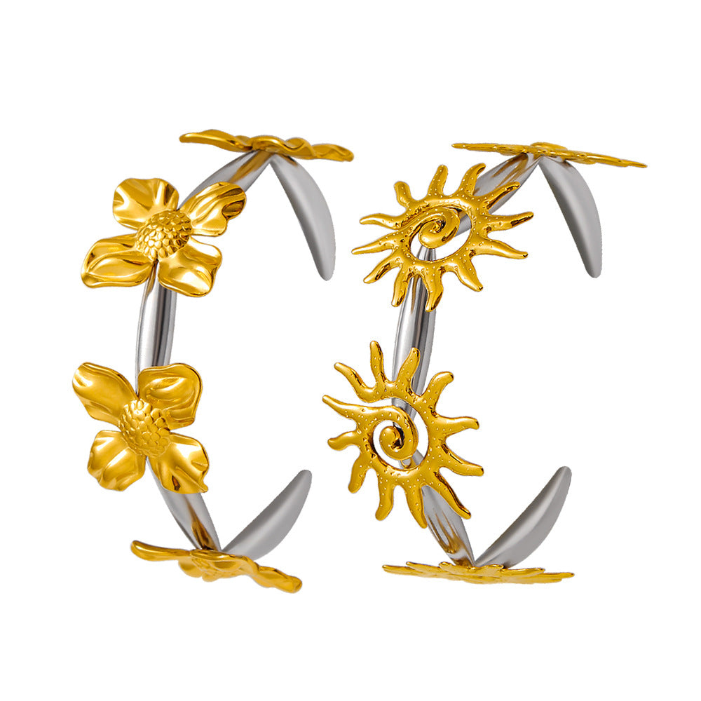 Stainless Steel 18K Gold Plated PVD 2 Tone Open Flower Cuff Bangles Women's Fashion Jewelry Wholesale Customizable Waterproof