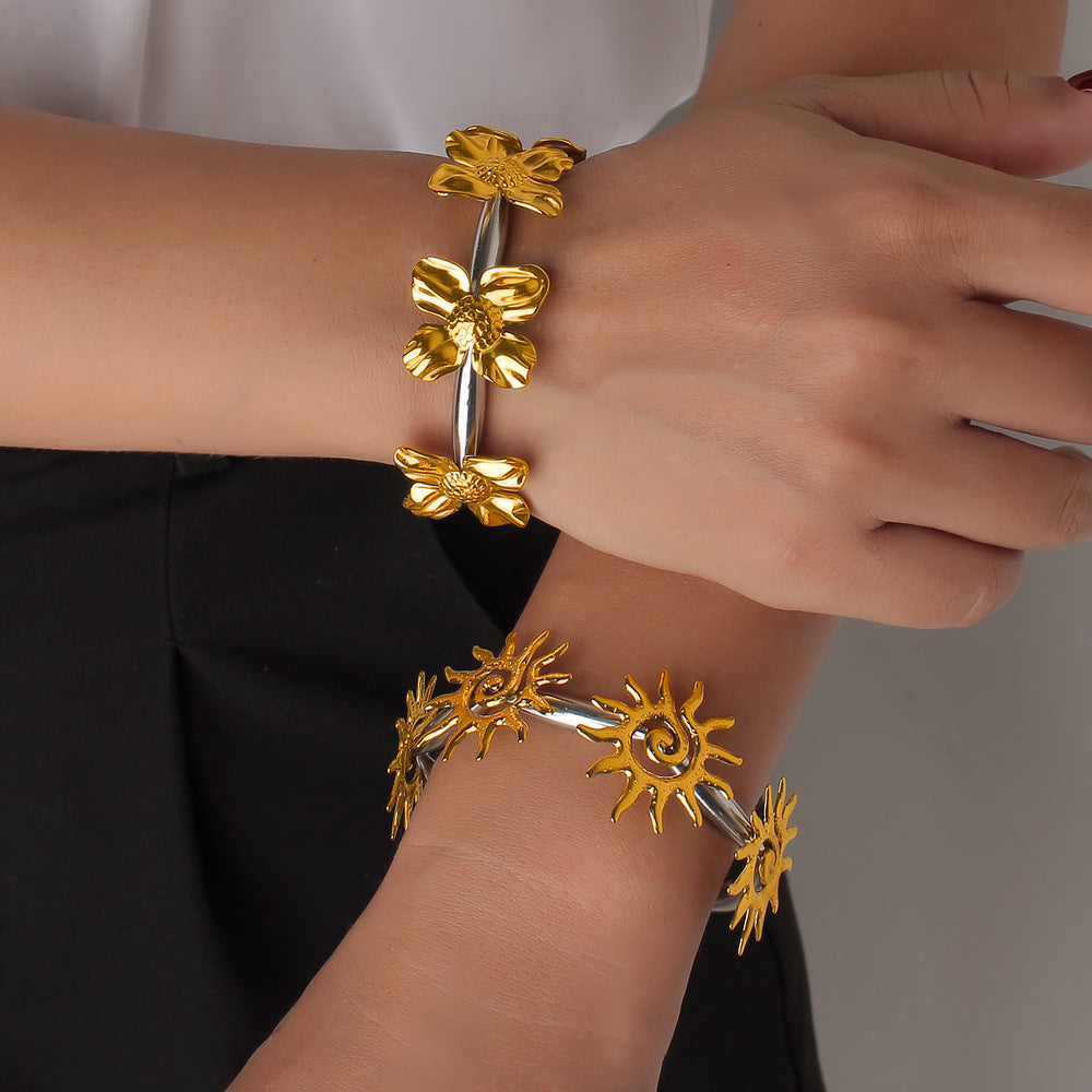 Stainless Steel 18K Gold Plated PVD 2 Tone Open Flower Cuff Bangles Women's Fashion Jewelry Wholesale Customizable Waterproof