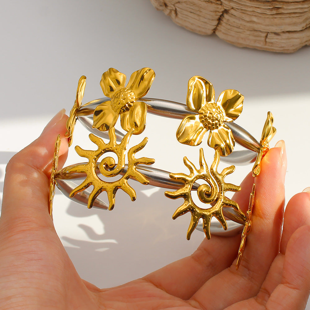 Stainless Steel 18K Gold Plated PVD 2 Tone Open Flower Cuff Bangles Women's Fashion Jewelry Wholesale Customizable Waterproof
