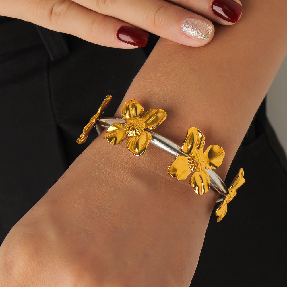 Stainless Steel 18K Gold Plated PVD 2 Tone Open Flower Cuff Bangles Women's Fashion Jewelry Wholesale Customizable Waterproof