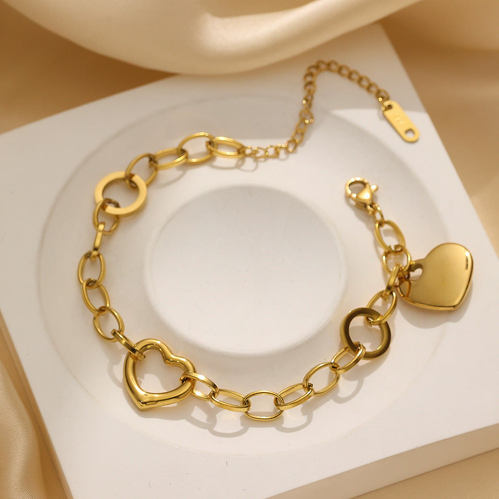 Wholesale Cute Stainless Steel Heart Charm Bracelets Gold-Plated Fashion Jewelry for Girls Trendy Valentine's Day Party Gift