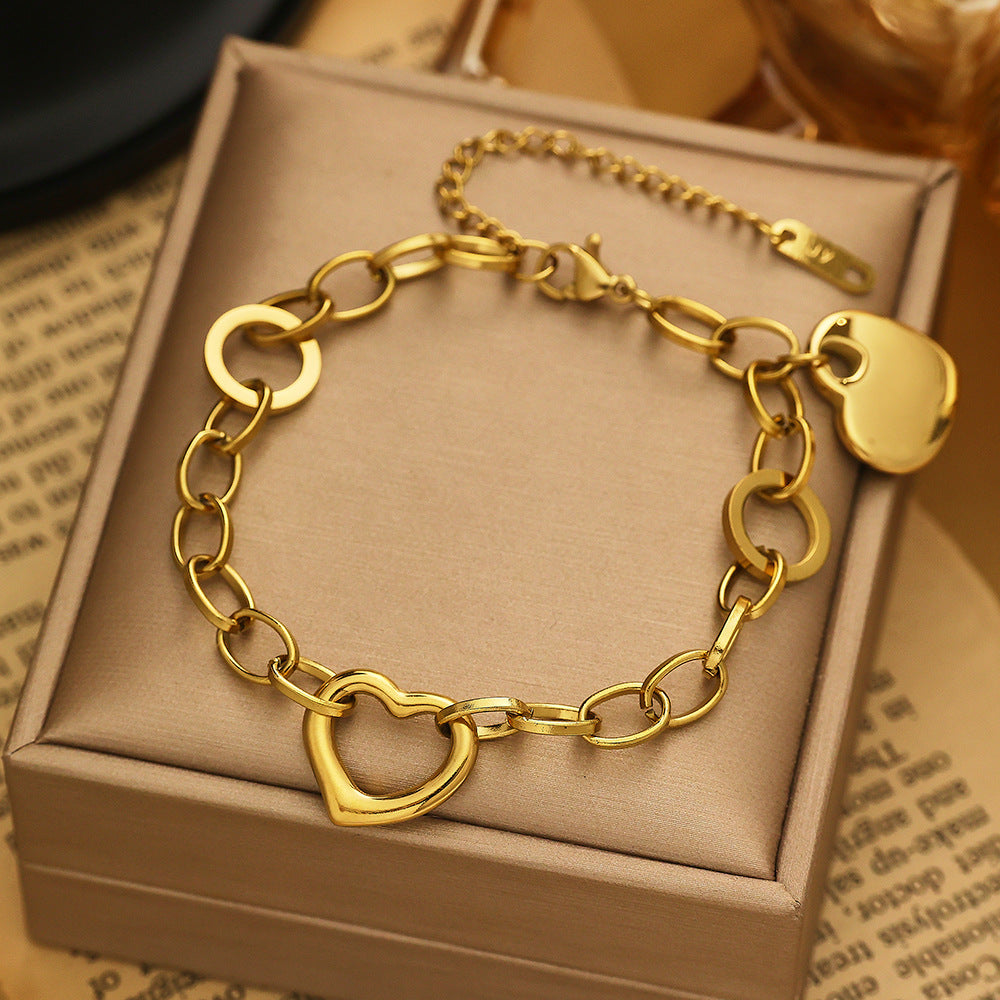 Wholesale Cute Stainless Steel Heart Charm Bracelets Gold-Plated Fashion Jewelry for Girls Trendy Valentine's Day Party Gift