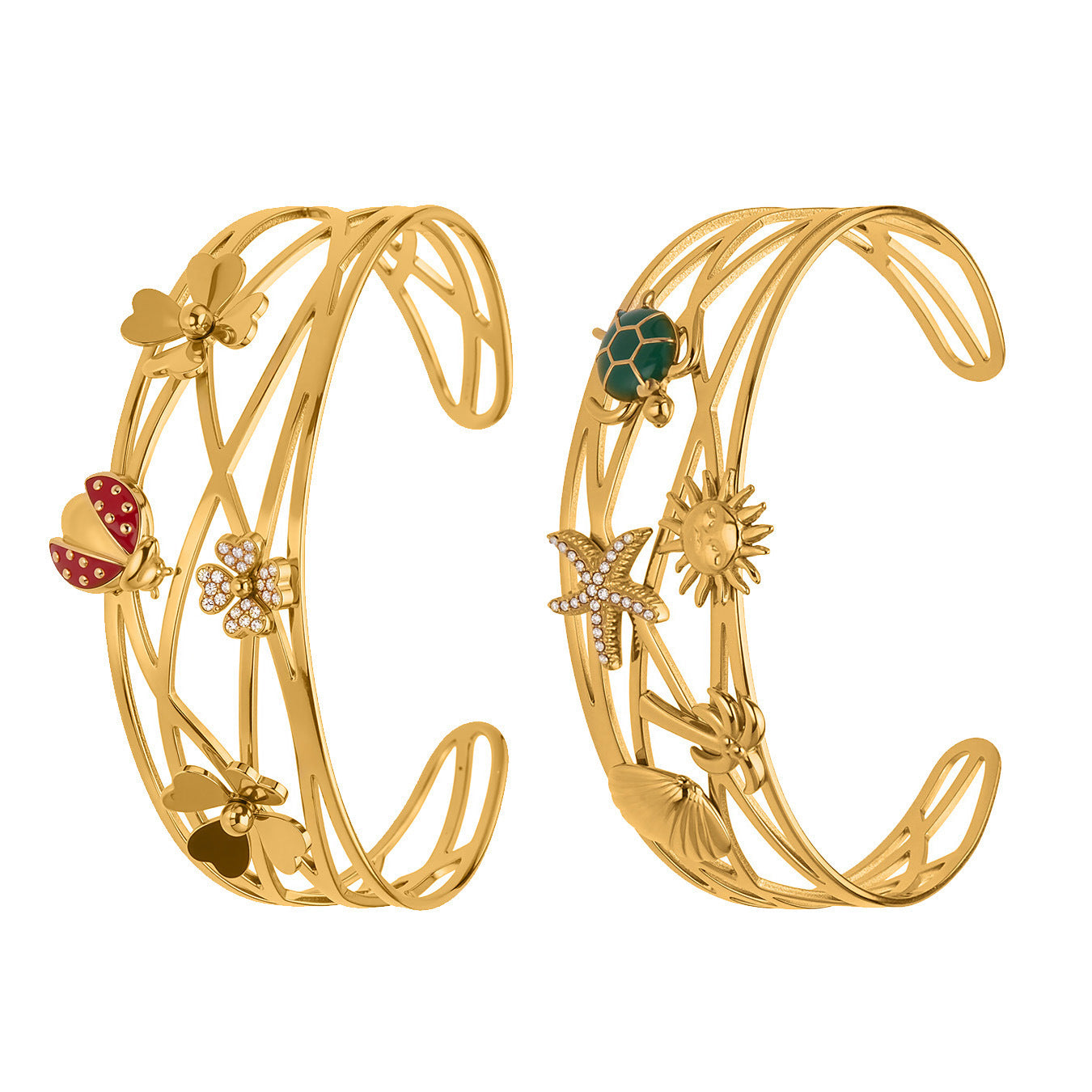 Customizable 18K Gold PVD Plated Stainless Steel Fashion Cuff Bracelets Flower Turtle Starfish Sun Tree Shell Bee Designs