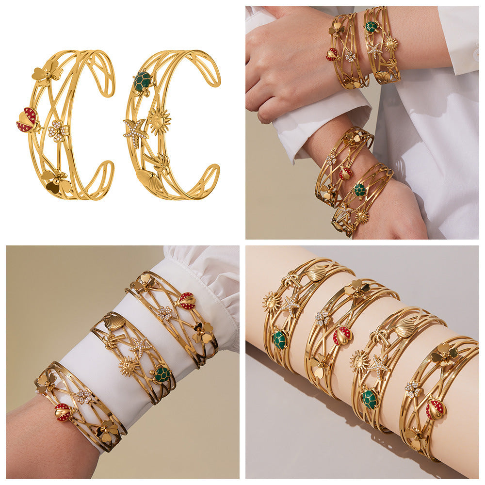 Customizable 18K Gold PVD Plated Stainless Steel Fashion Cuff Bracelets Flower Turtle Starfish Sun Tree Shell Bee Designs