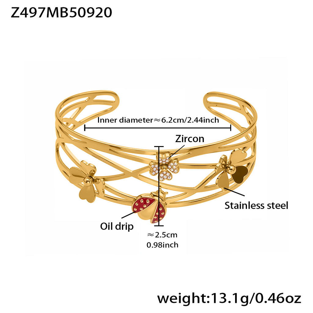 Customizable 18K Gold PVD Plated Stainless Steel Fashion Cuff Bracelets Flower Turtle Starfish Sun Tree Shell Bee Designs