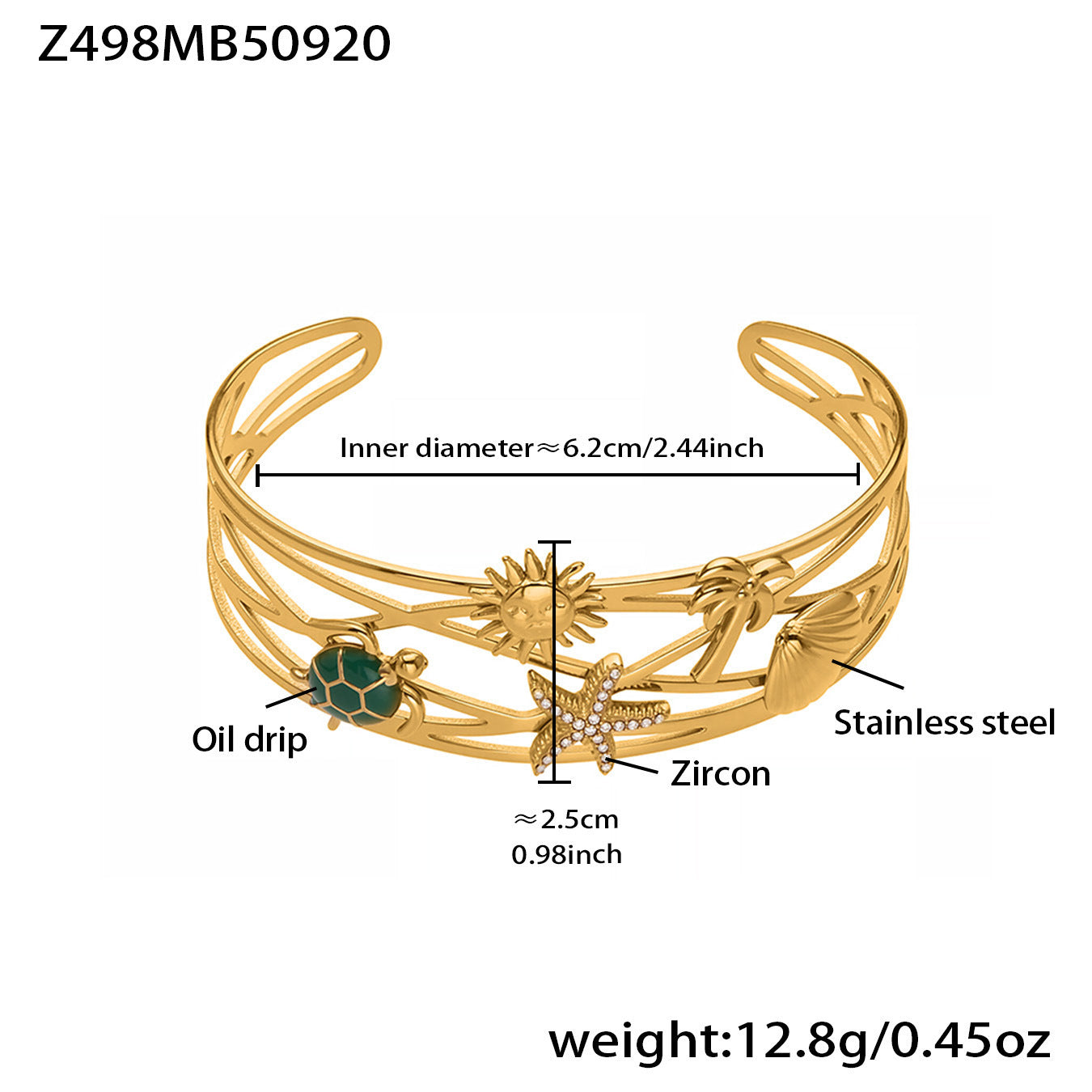Customizable 18K Gold PVD Plated Stainless Steel Fashion Cuff Bracelets Flower Turtle Starfish Sun Tree Shell Bee Designs
