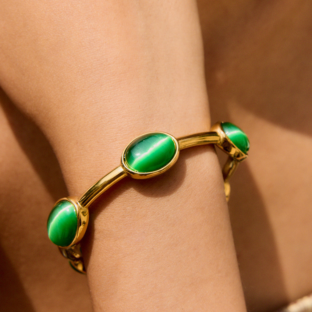 Customizable 18K Gold PVD Plated Stainless Steel Cuff Bracelets Fashionable Green Gemstone Bangles for Women