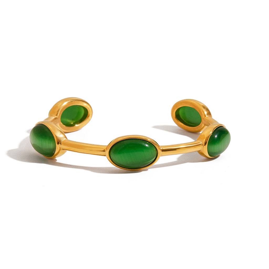 Customizable 18K Gold PVD Plated Stainless Steel Cuff Bracelets Fashionable Green Gemstone Bangles for Women