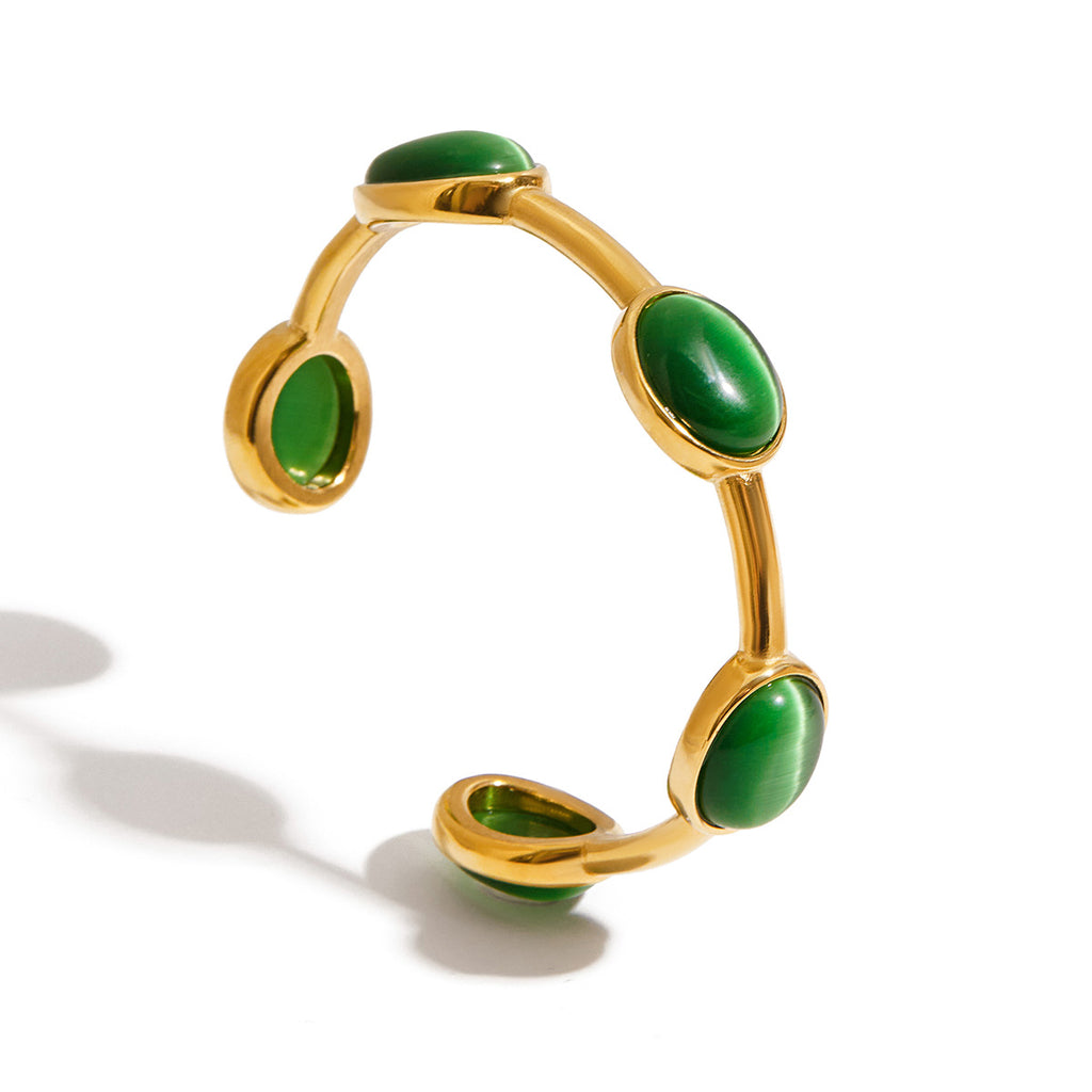 Customizable 18K Gold PVD Plated Stainless Steel Cuff Bracelets Fashionable Green Gemstone Bangles for Women