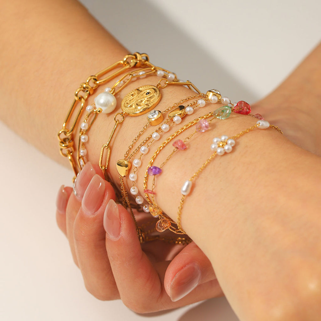 Classic Stainless Steel 18K Gold Plated Chain Bracelets with Pearls Zircons Stones for Anniversary Personalized Bracelet