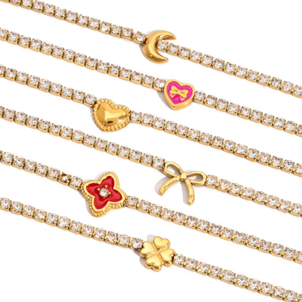 Customizable Stainless Steel 18K Gold PVD Plated Chain Bracelets Trendy Zircon Waterproof Hypoallergenic Heart Flower Moon Bow