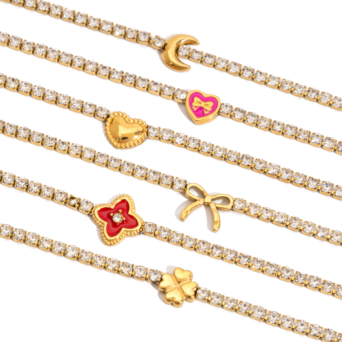 Customizable Stainless Steel 18K Gold PVD Plated Chain Bracelets Trendy Zircon Waterproof Hypoallergenic Heart Flower Moon Bow