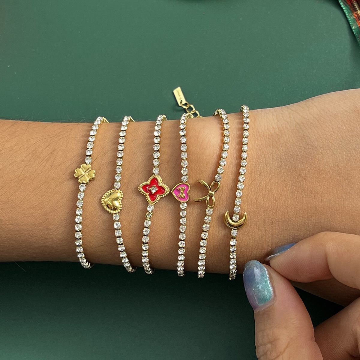 Customizable Stainless Steel 18K Gold PVD Plated Chain Bracelets Trendy Zircon Waterproof Hypoallergenic Heart Flower Moon Bow