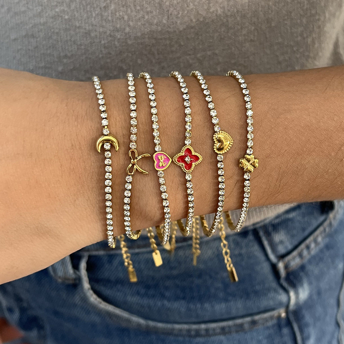 Customizable Stainless Steel 18K Gold PVD Plated Chain Bracelets Trendy Zircon Waterproof Hypoallergenic Heart Flower Moon Bow