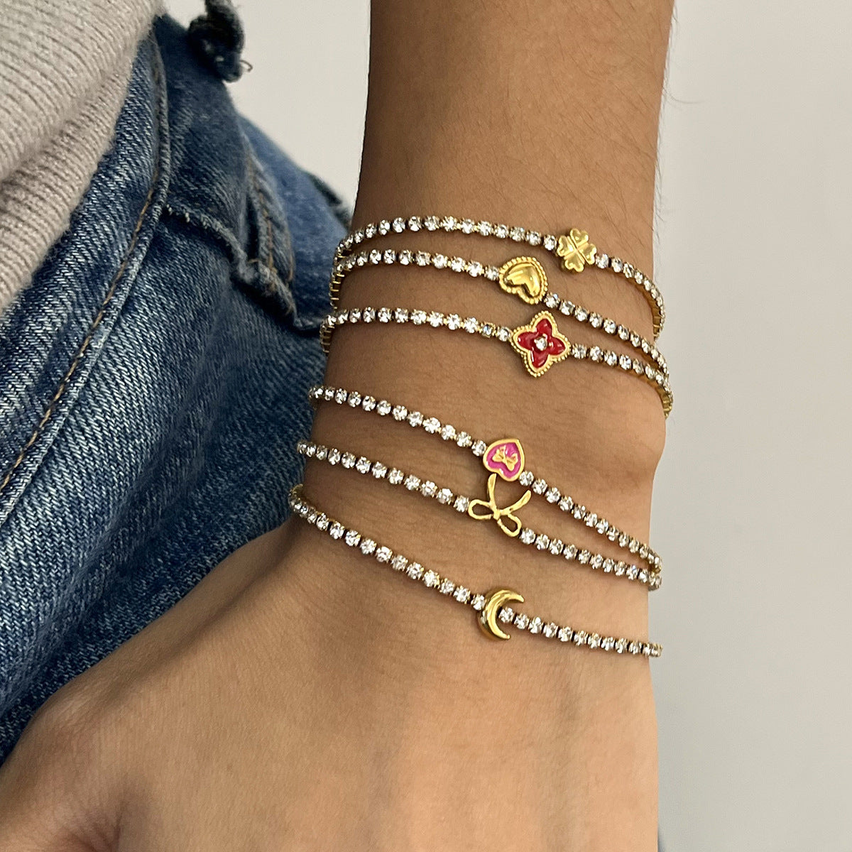 Customizable Stainless Steel 18K Gold PVD Plated Chain Bracelets Trendy Zircon Waterproof Hypoallergenic Heart Flower Moon Bow