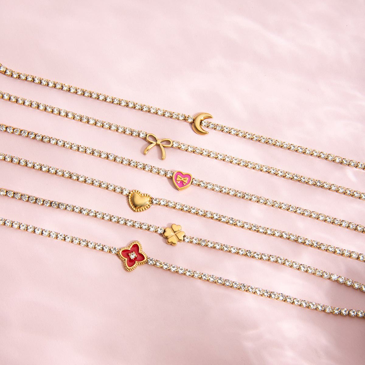 Customizable Stainless Steel 18K Gold PVD Plated Chain Bracelets Trendy Zircon Waterproof Hypoallergenic Heart Flower Moon Bow