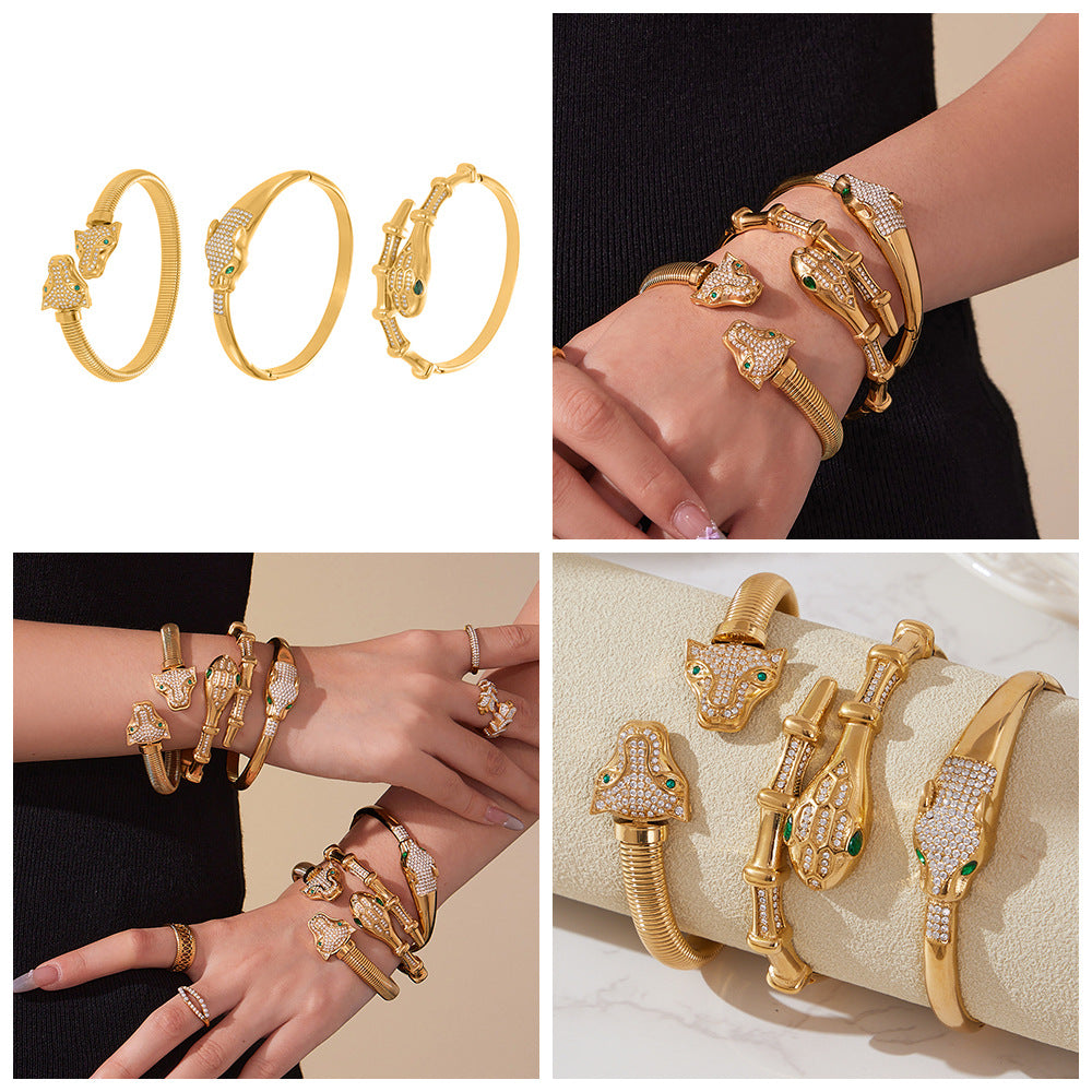 Customizable Vintage 18K Gold PVD Plated Zircon Snake Stainless Steel Open Bangle Bracelets Wholesale Waterproof Vacuum Plating