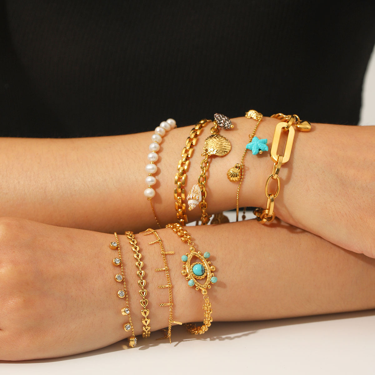 Stainless Steel 18K Gold Plated Chain Link Bracelets Trendy Crown Design Pearl Turquoise Zircons Gift Fashion Jewelry Wholesale