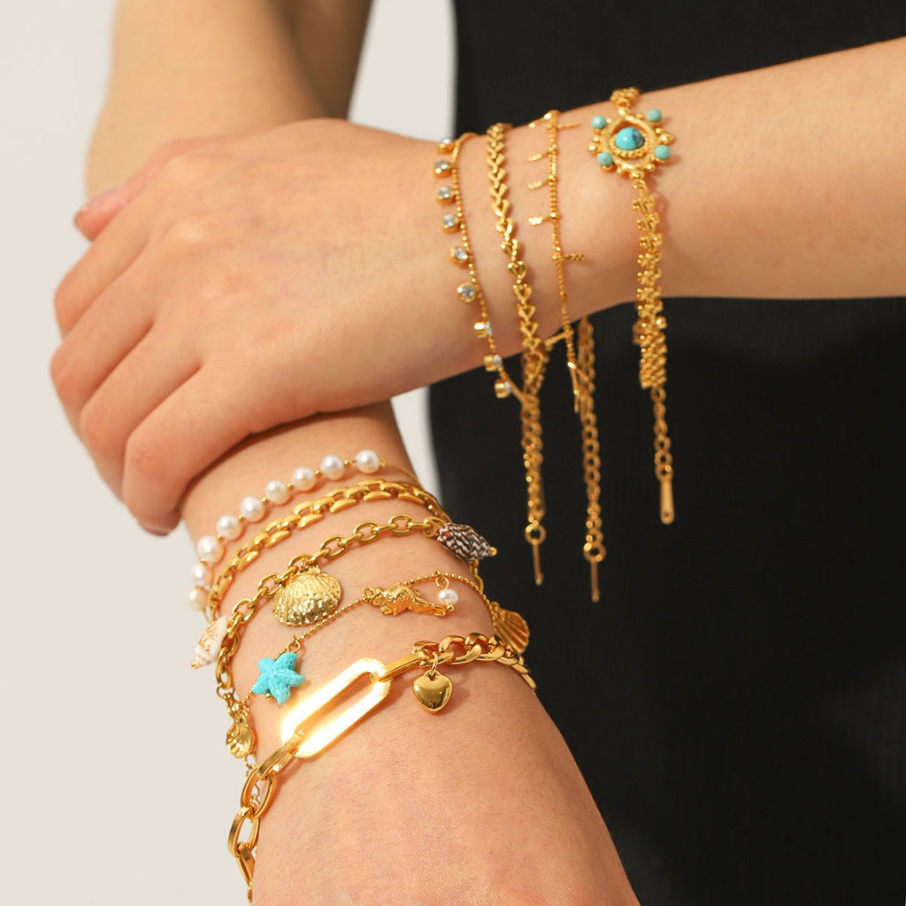Stainless Steel 18K Gold Plated Chain Link Bracelets Trendy Crown Design Pearl Turquoise Zircons Gift Fashion Jewelry Wholesale