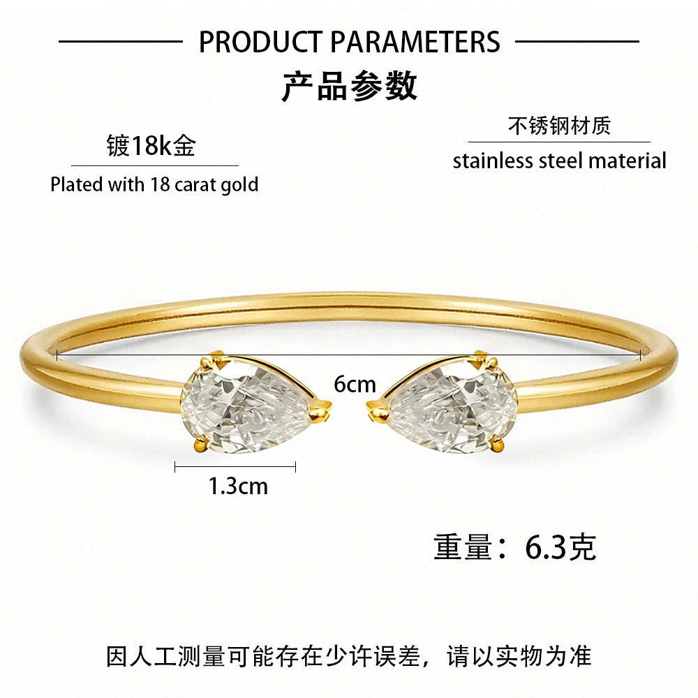 Customizable Vintage 18K Gold Plated Stainless Steel Bangles with White Zircon Stones Heart Square Water Drop Shapes for Unisex
