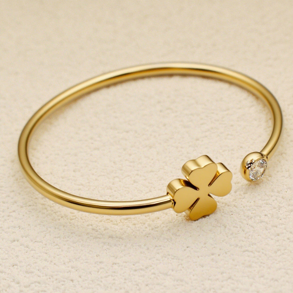 Customizable Vintage 18K Gold Plated Stainless Steel Bangles with Channel Set White Zircon Stones Flower Shape Unisex Gift