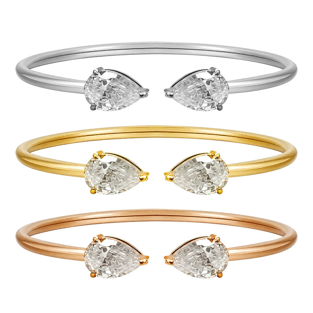 Customizable Vintage 18K Gold Plated Stainless Steel Bangles with White Zircon Stones Heart Square Water Drop Shapes for Unisex
