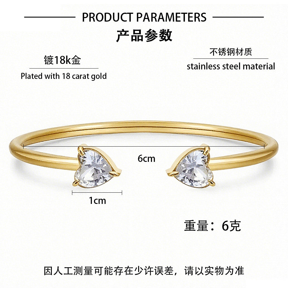 Customizable Vintage 18K Gold Plated Stainless Steel Bangles with White Zircon Stones Heart Square Water Drop Shapes for Unisex