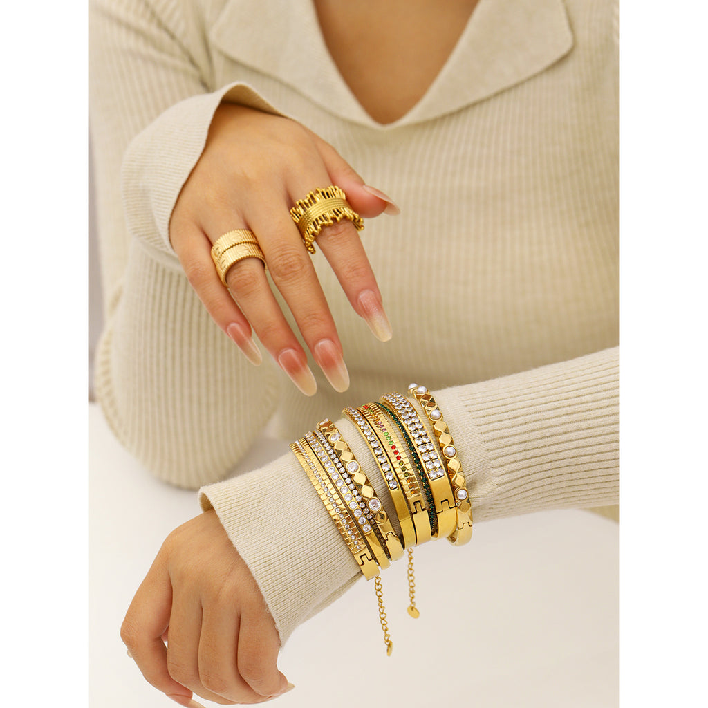 18K Gold Plated Stainless Steel Bangles with Imitation Pearl and Zircon Stones Trendy Unisex Jewelry for Parties