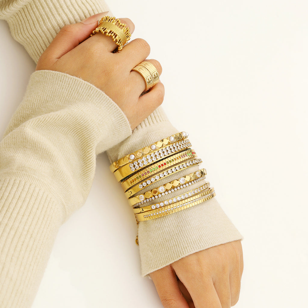 18K Gold Plated Stainless Steel Bangles with Imitation Pearl and Zircon Stones Trendy Unisex Jewelry for Parties
