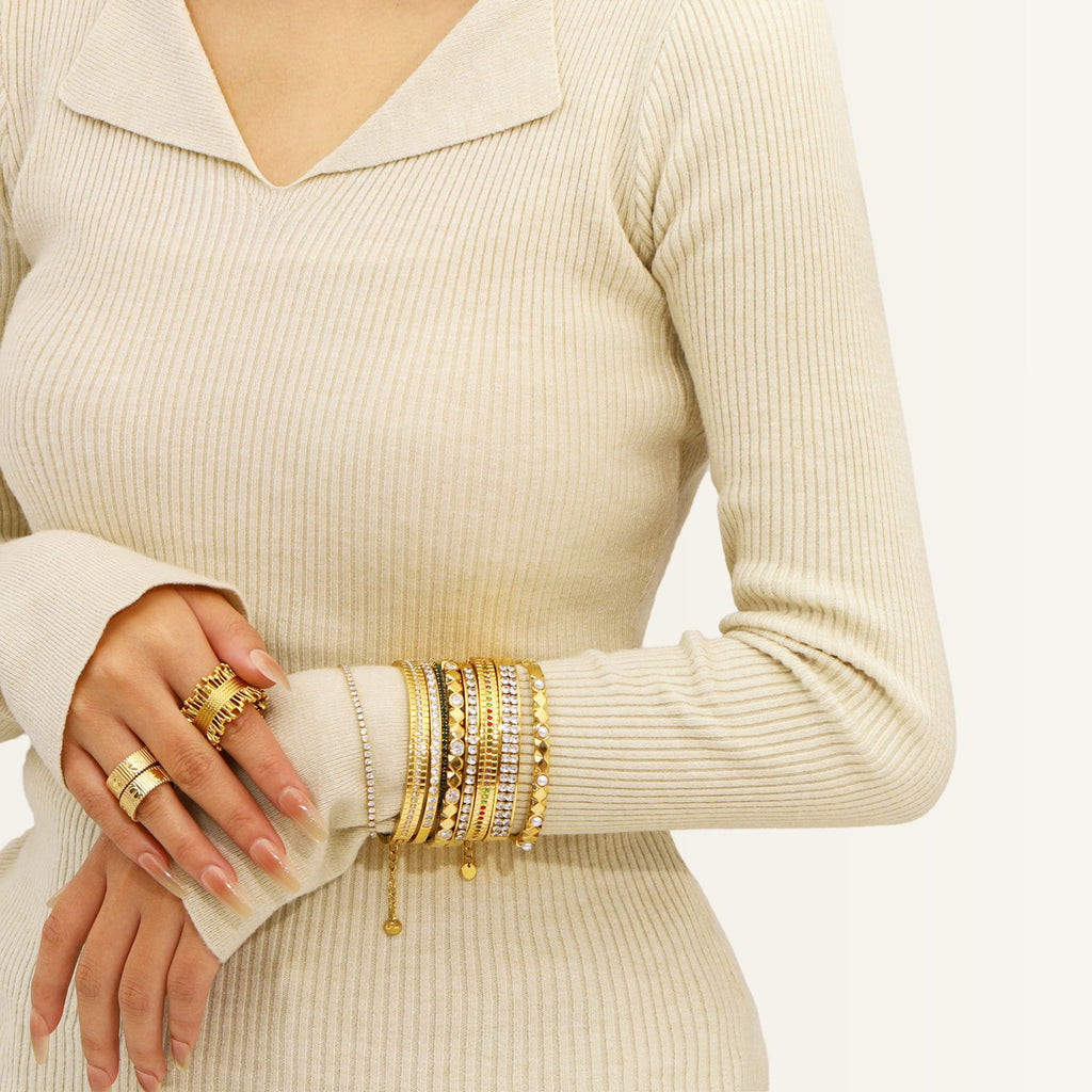 18K Gold Plated Stainless Steel Bangles with Imitation Pearl and Zircon Stones Trendy Unisex Jewelry for Parties