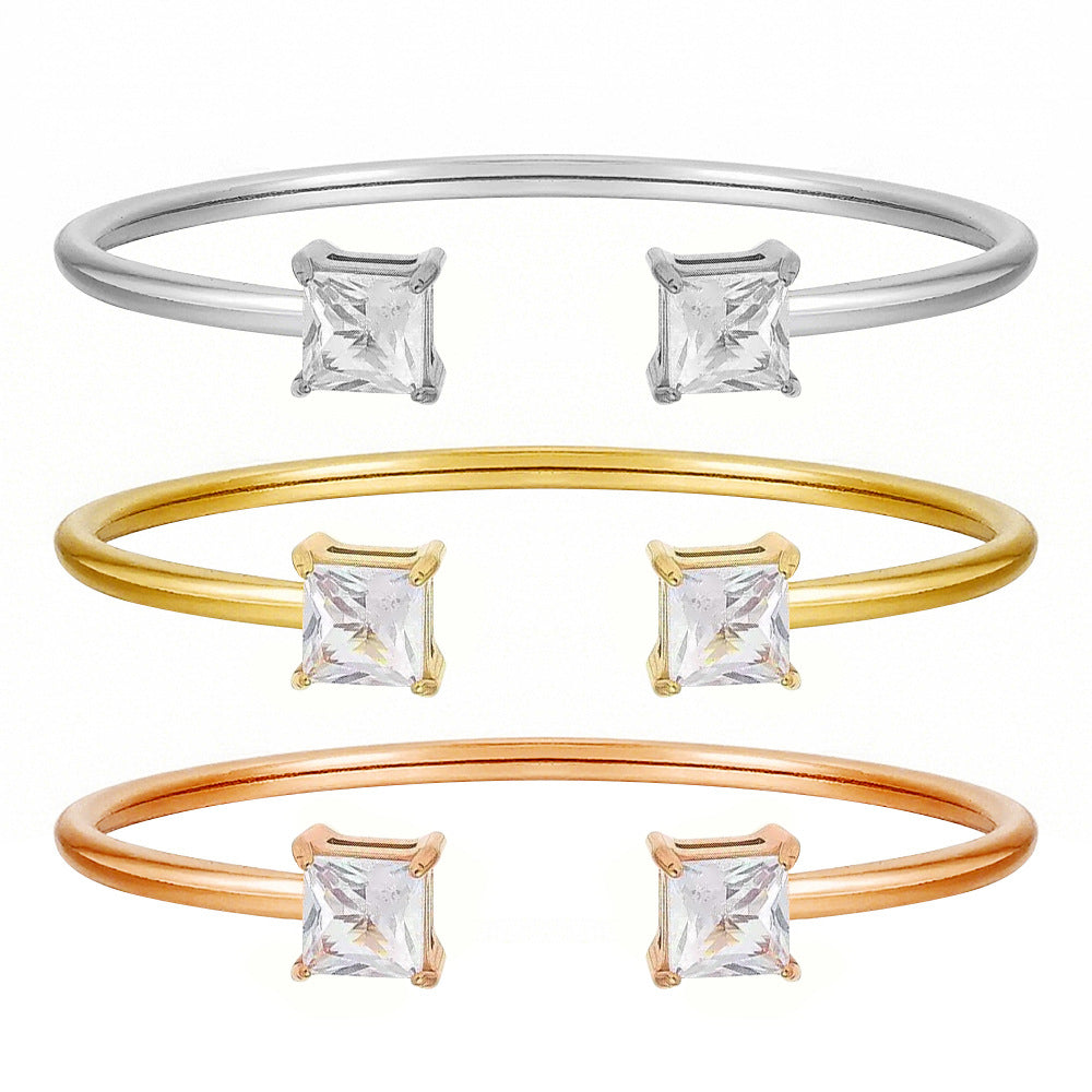Customizable Vintage 18K Gold Plated Stainless Steel Bangles with White Zircon Stones Heart Square Water Drop Shapes for Unisex