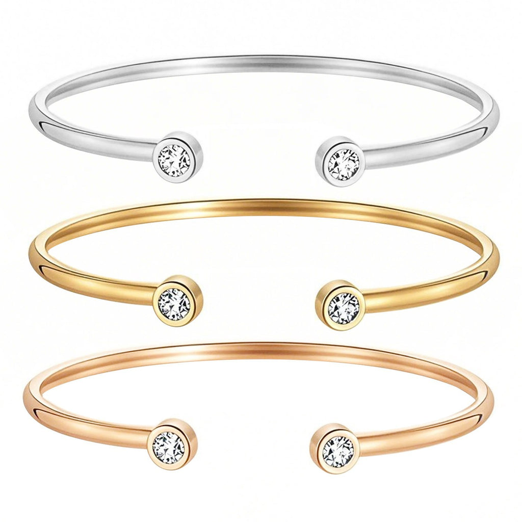 Customizable Vintage 18K Gold Plated Stainless Steel Bangles with White Zircon Stones Heart Square Water Drop Shapes for Unisex