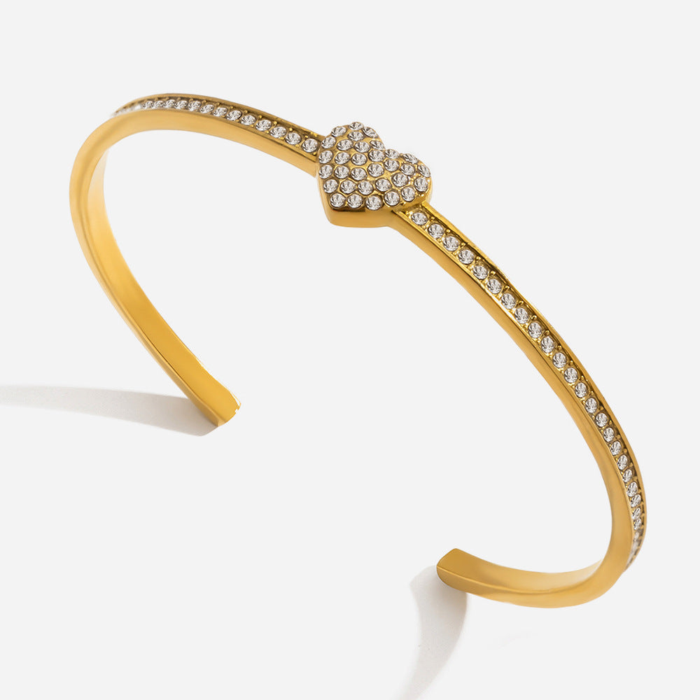 Customizable Cute 18K Gold PVD Plated Stainless Steel White Zircon Heart Design Cuff Open Bracelets Fashionable Bangles for Gift
