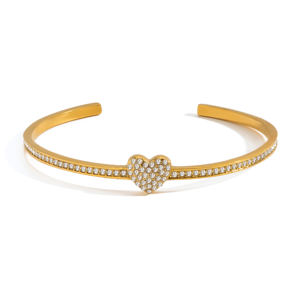 Customizable Cute 18K Gold PVD Plated Stainless Steel White Zircon Heart Design Cuff Open Bracelets Fashionable Bangles for Gift