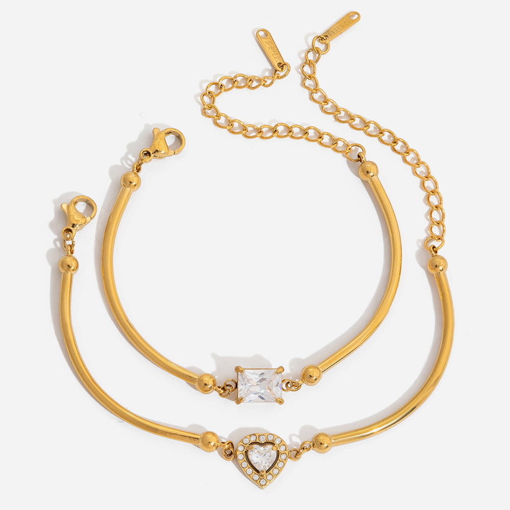 New Arrival Trendy Women's Stainless Steel Chain & Link Bracelet with Heart-Shaped White Zircon Inlay 18K Gold Plated Gift