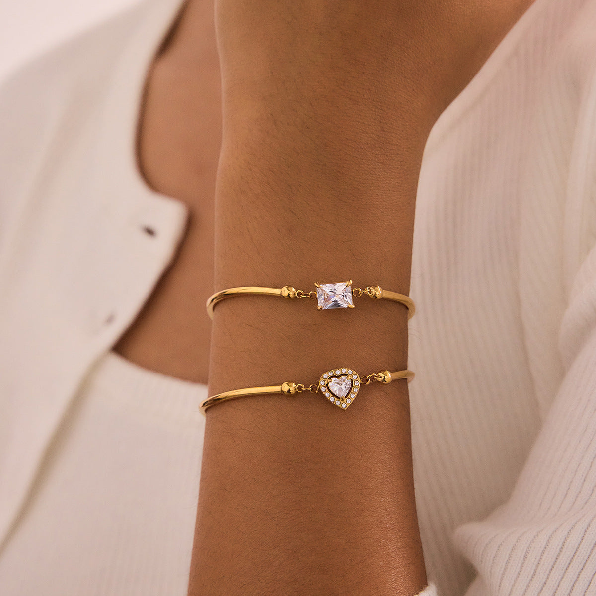 New Arrival Trendy Women's Stainless Steel Chain & Link Bracelet with Heart-Shaped White Zircon Inlay 18K Gold Plated Gift