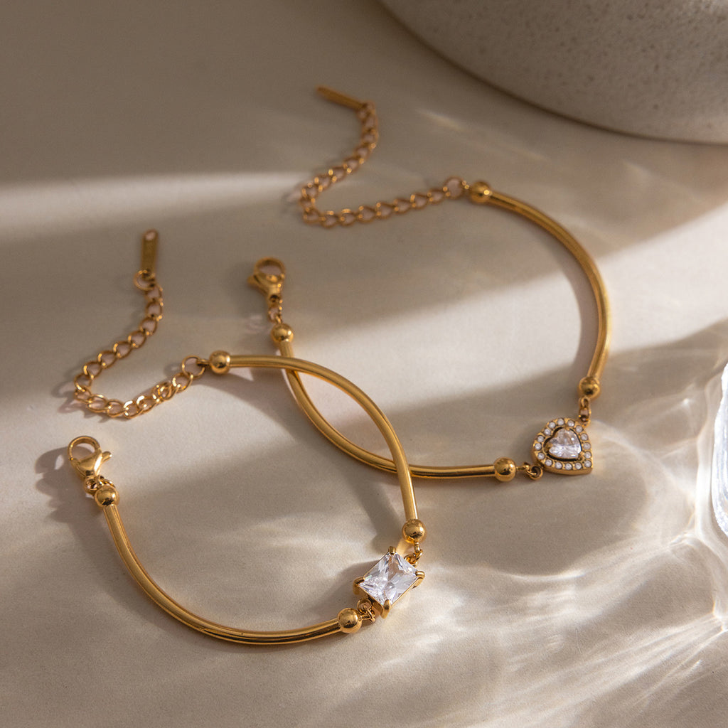 New Arrival Trendy Women's Stainless Steel Chain & Link Bracelet with Heart-Shaped White Zircon Inlay 18K Gold Plated Gift