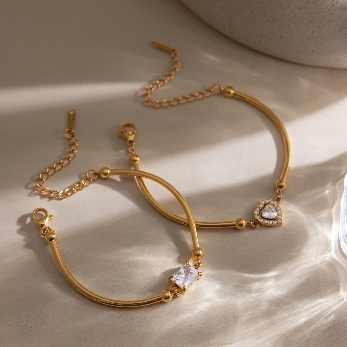 New Arrival Trendy Women's Stainless Steel Chain & Link Bracelet with Heart-Shaped White Zircon Inlay 18K Gold Plated Gift