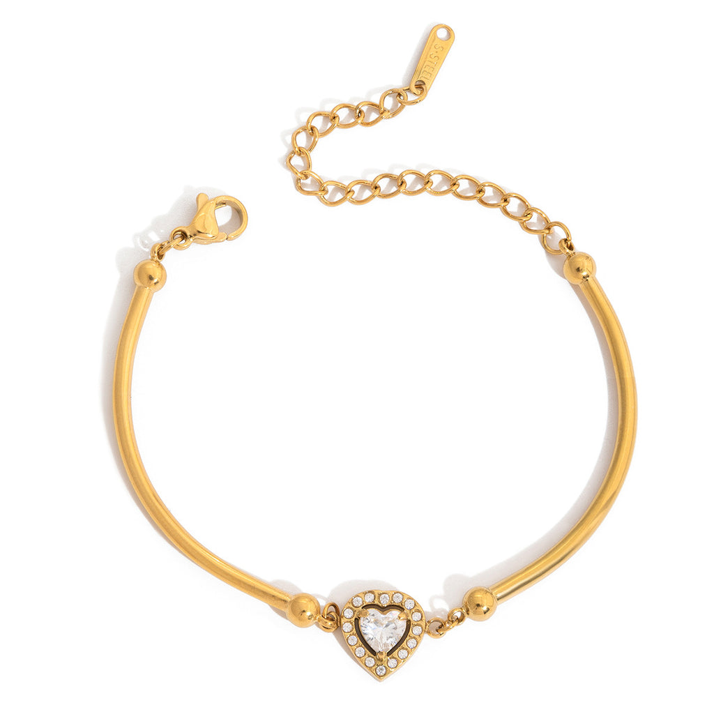 New Arrival Trendy Women's Stainless Steel Chain & Link Bracelet with Heart-Shaped White Zircon Inlay 18K Gold Plated Gift