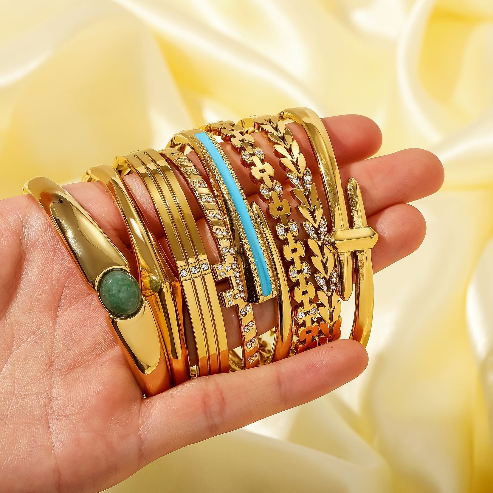 18K Gold Plated Stainless Steel Bangles with Zircon Stones and Color Enamel Trendy Unisex Jewelry for Parties
