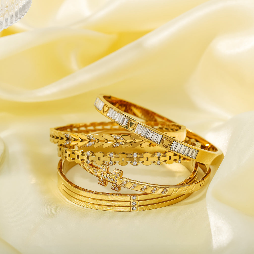 18K Gold Plated Stainless Steel Bangles with Zircon Stones and Color Enamel Trendy Unisex Jewelry for Parties