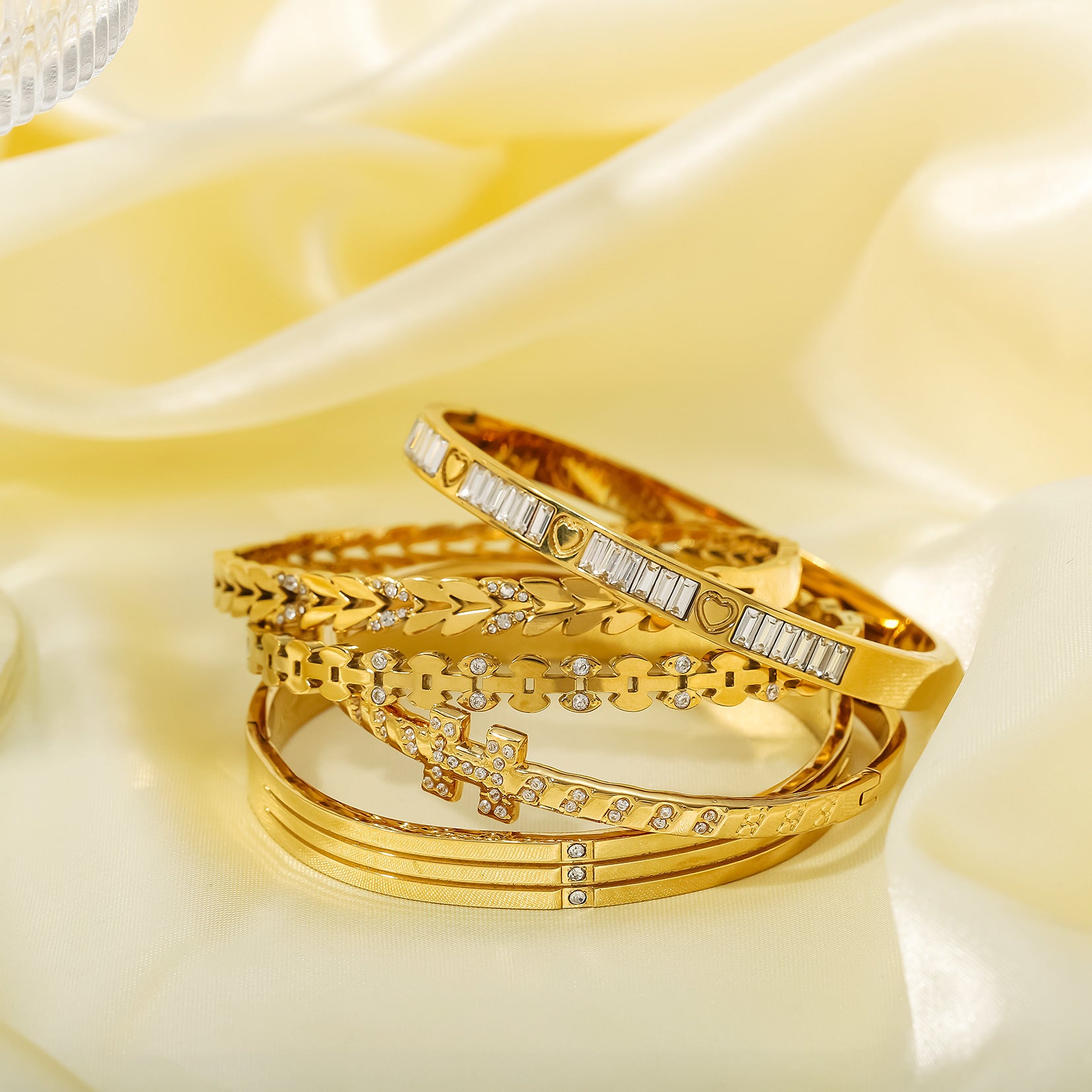 18K Gold Plated Stainless Steel Bangles with Zircon Stones and Color Enamel Trendy Unisex Jewelry for Parties