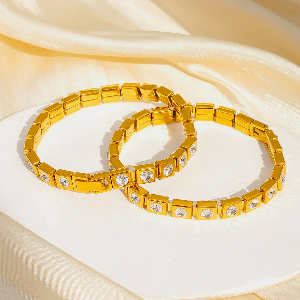 Unisex 18K Gold PVD Plated Stainless Steel Elastic Chain Cute Gift Certified Bracelets with White Zircons