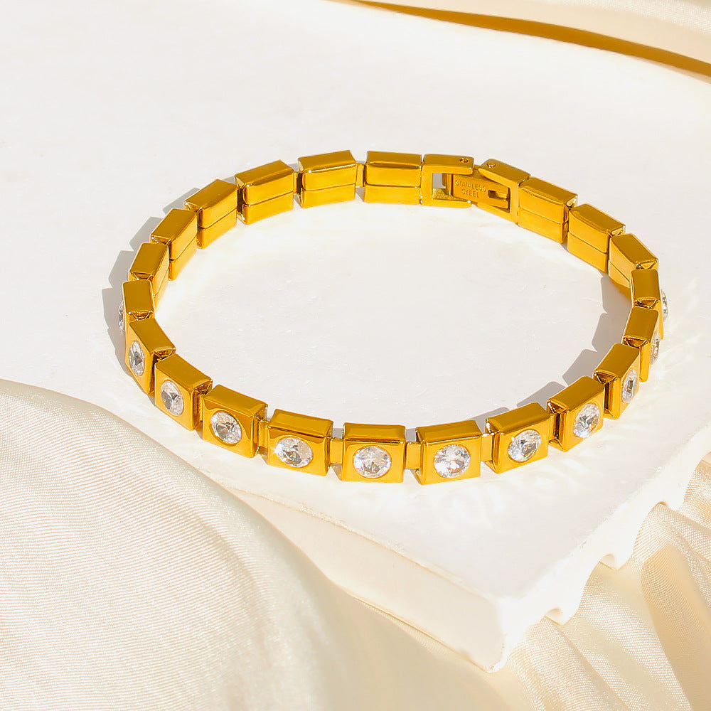 Unisex 18K Gold PVD Plated Stainless Steel Elastic Chain Cute Gift Certified Bracelets with White Zircons