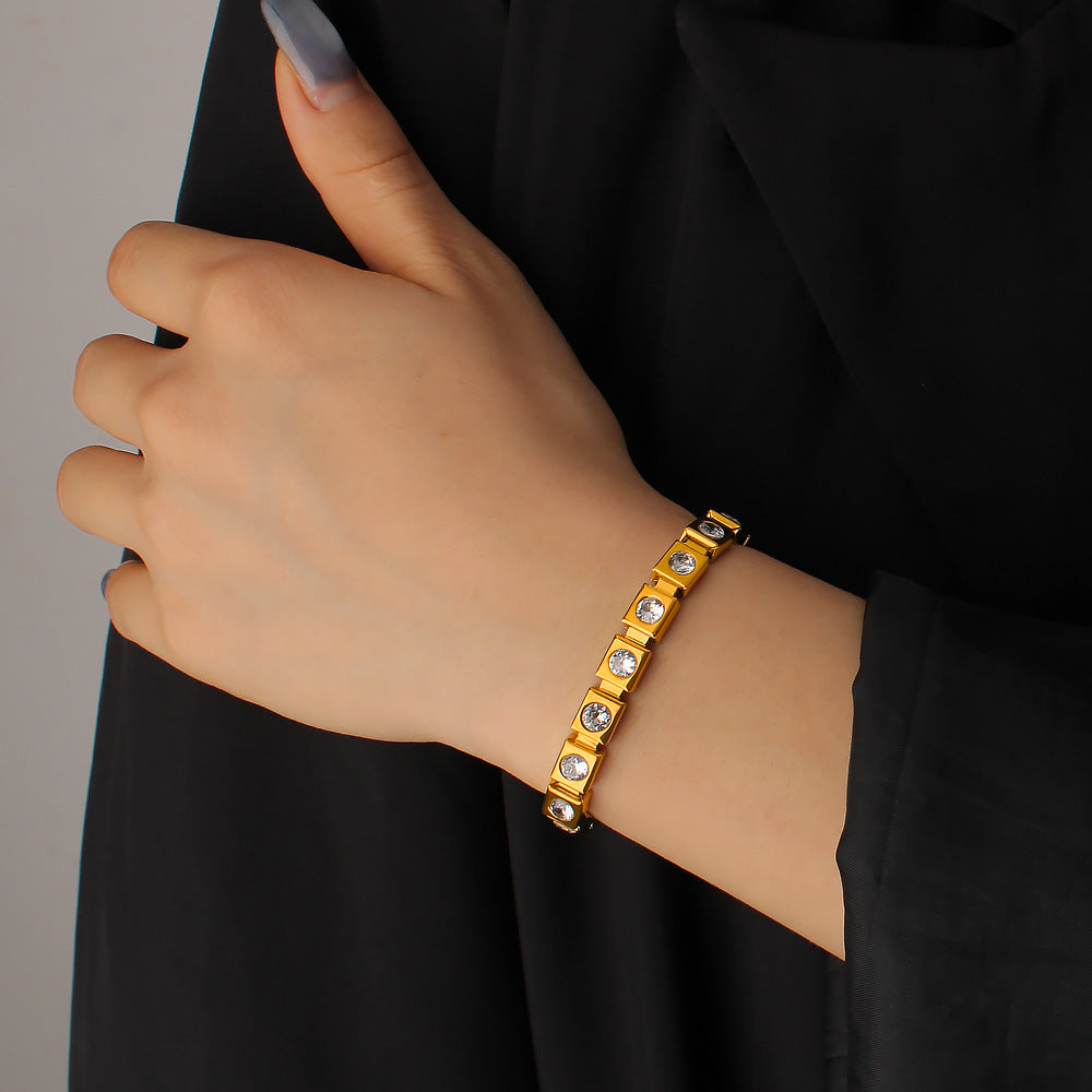 Unisex 18K Gold PVD Plated Stainless Steel Elastic Chain Cute Gift Certified Bracelets with White Zircons