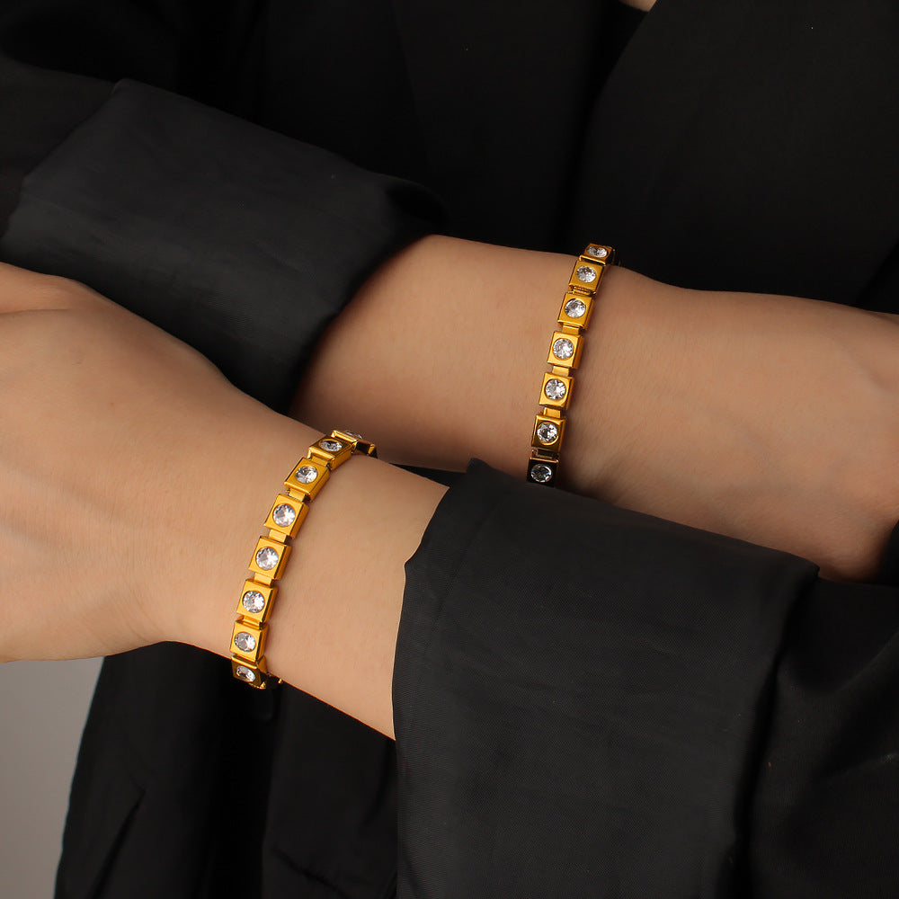 Unisex 18K Gold PVD Plated Stainless Steel Elastic Chain Cute Gift Certified Bracelets with White Zircons