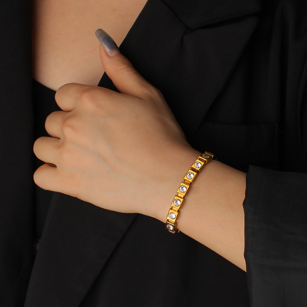 Unisex 18K Gold PVD Plated Stainless Steel Elastic Chain Cute Gift Certified Bracelets with White Zircons